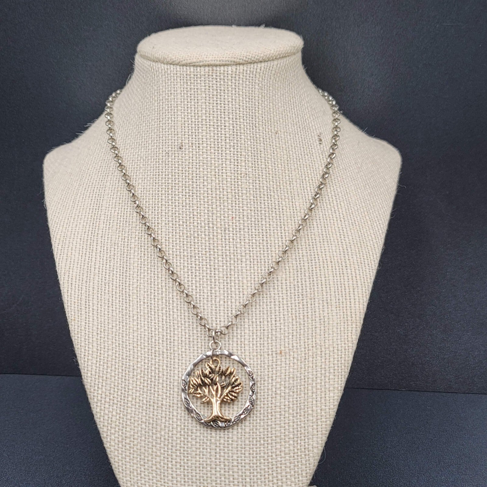 Tree Necklace Gold and Silver tone Pendant 16"-18" Rolo Chain