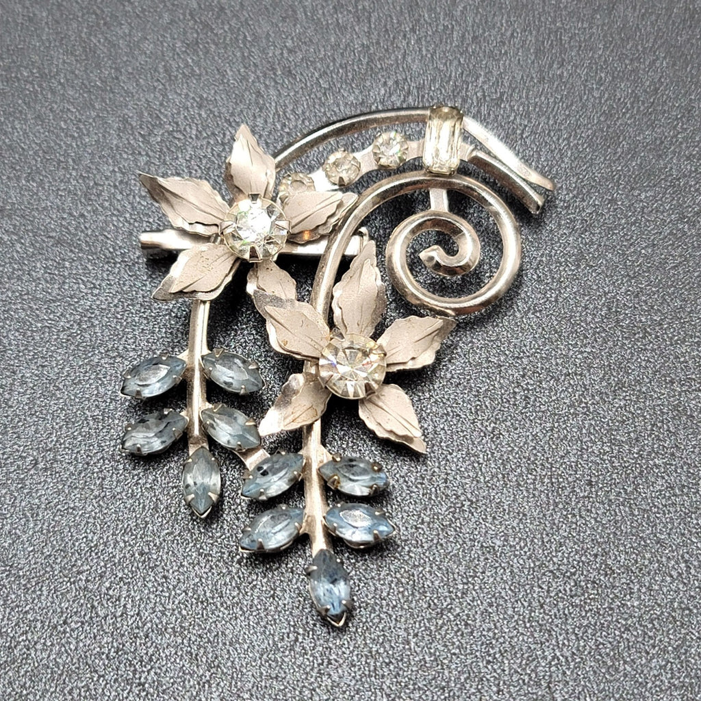 Vintage Brooch Blue Rhinestone Silver tone Pendant 2.25" Estate Jewelry