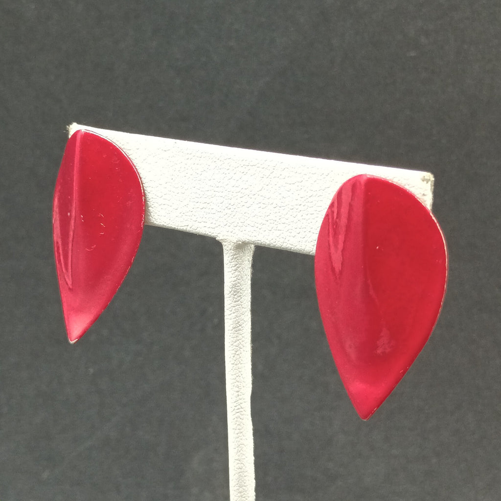 Vintage Pierced Earrings Red Enamel Over Metal Leaf Drop 1 3/8"