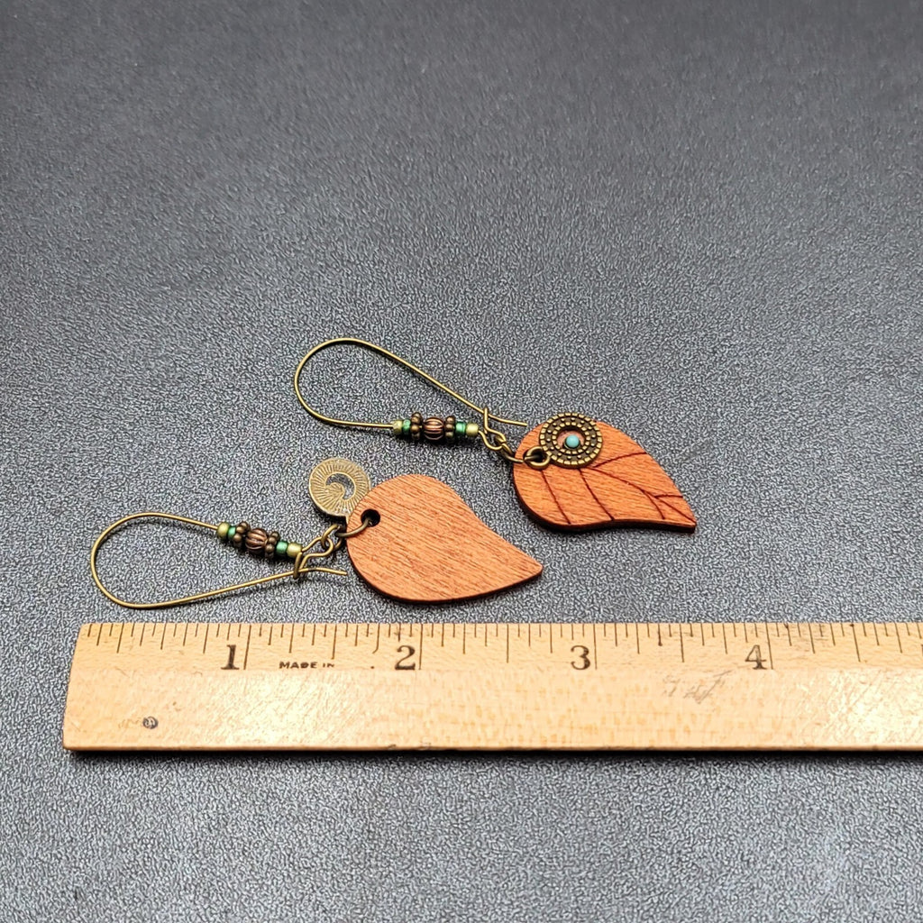 New Boho Pierced Earrings Gold tone Wood Leaf Beaded Dangle 2.75"