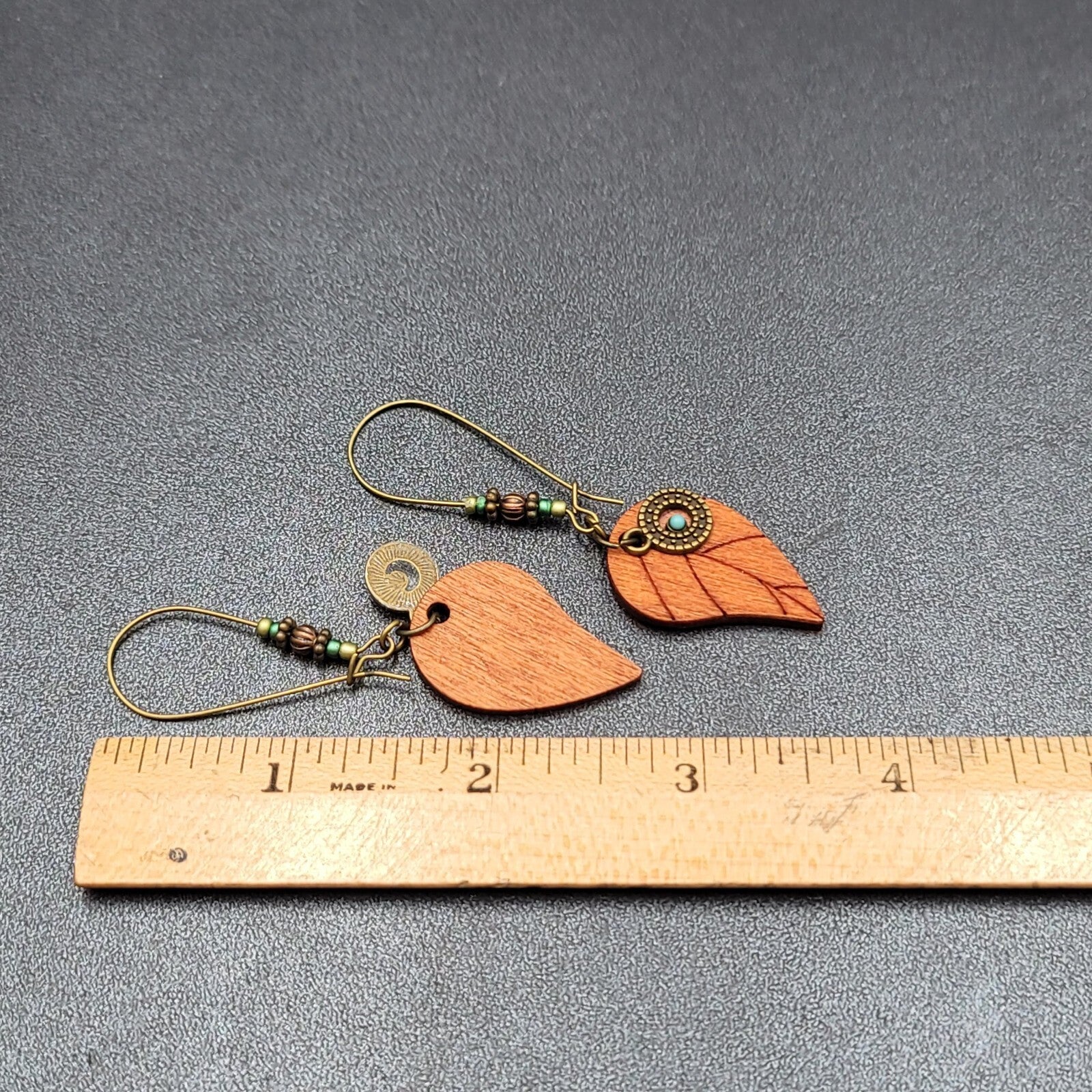 New Boho Pierced Earrings Gold tone Wood Leaf Beaded Dangle 2.75"