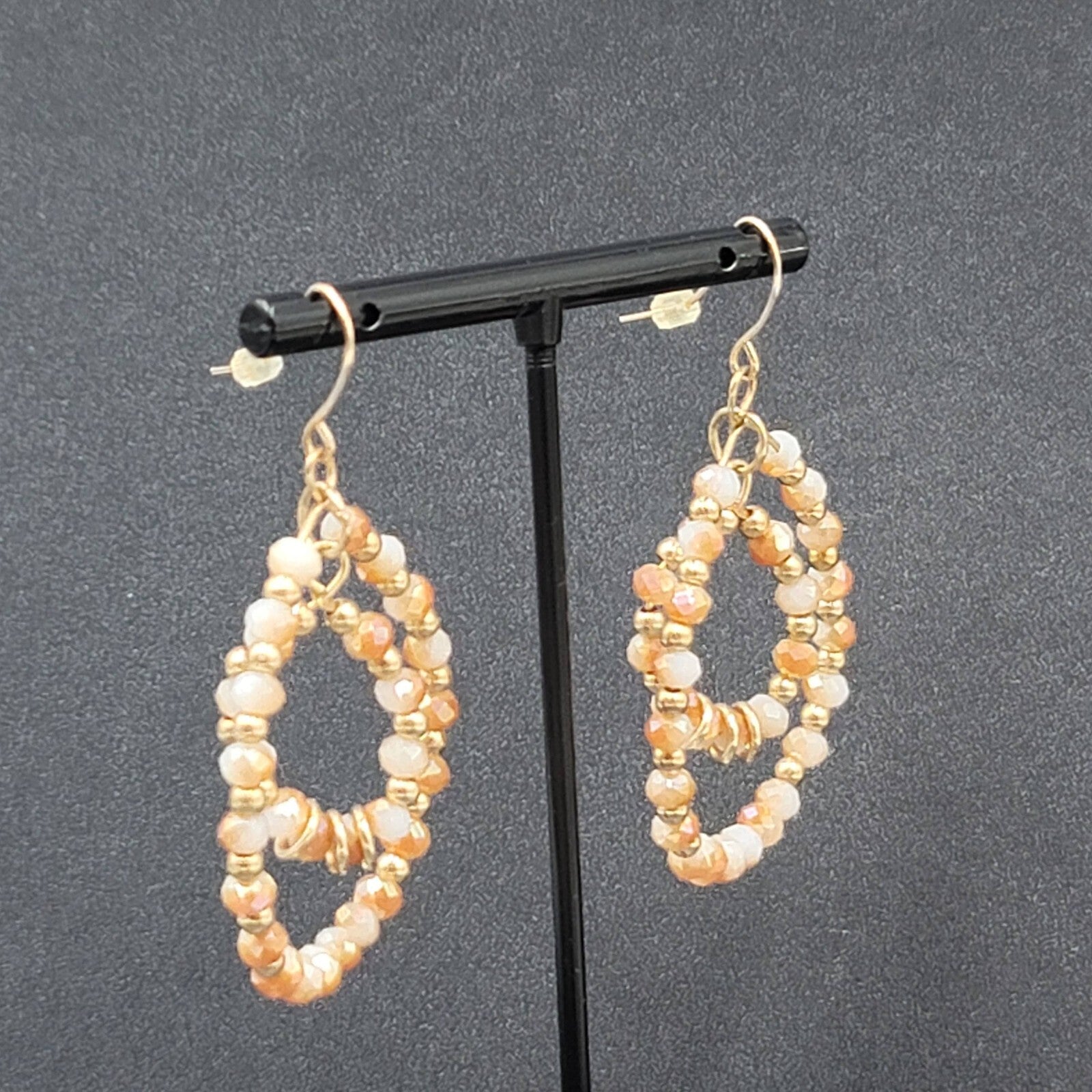 Pierced Earrings Gold tone Crystal Faceted Beaded Hoops 2"