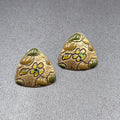 Pierced Earrings Bronze tone Green Rhinestone Enamel Triangle 1"