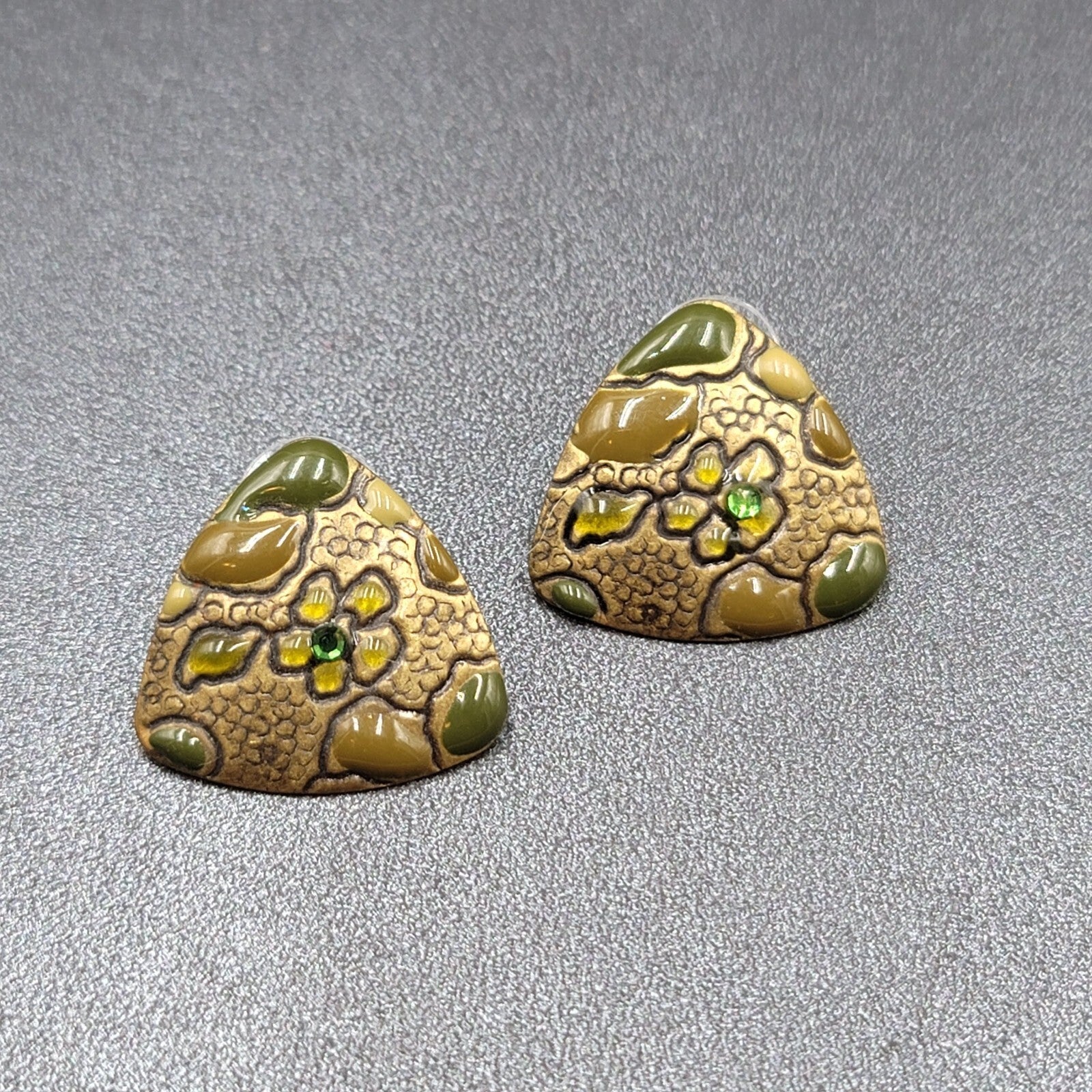 Pierced Earrings Bronze tone Green Rhinestone Enamel Triangle 1"