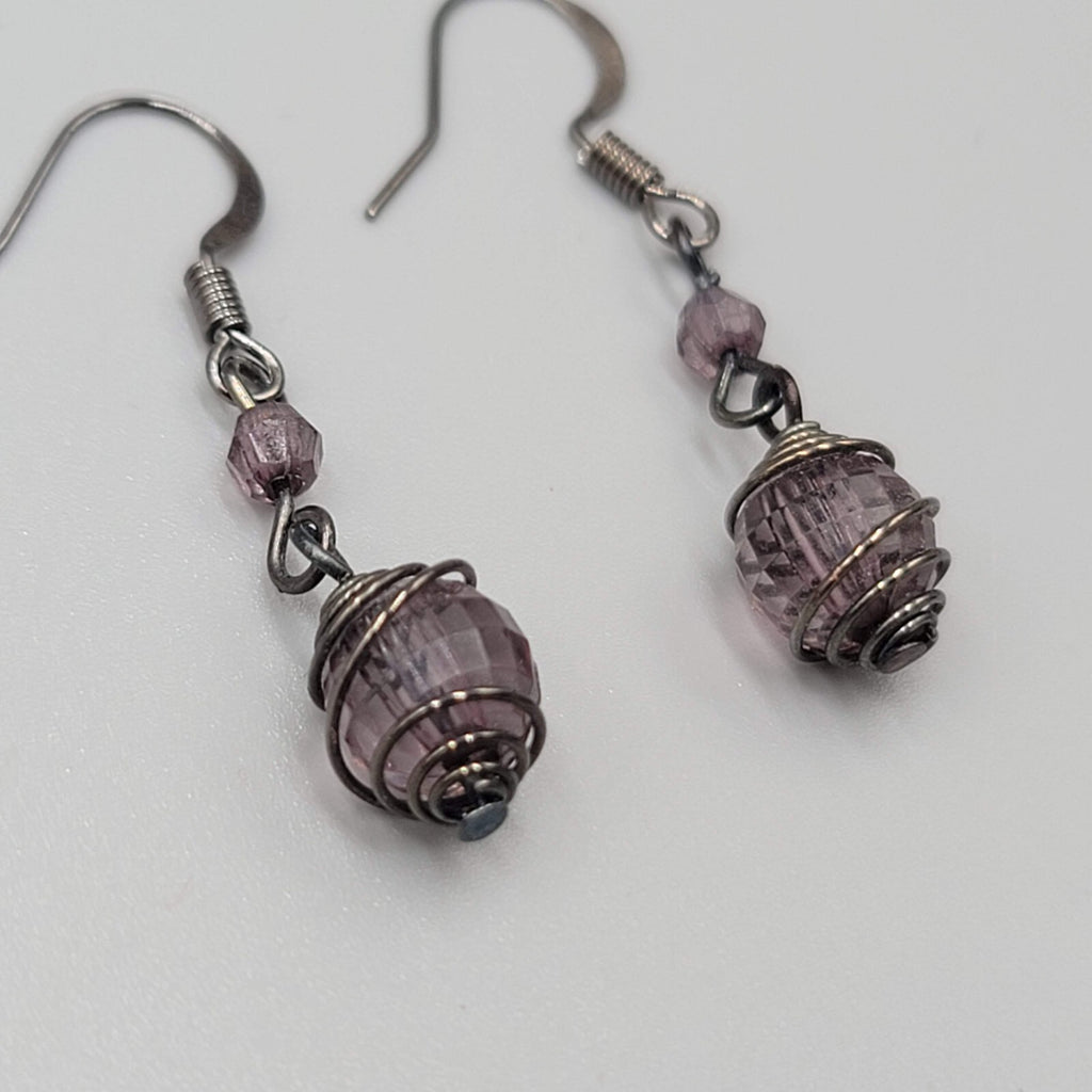 Purple Caged Bead Pierced Earrings Black Metal Dangle 1"