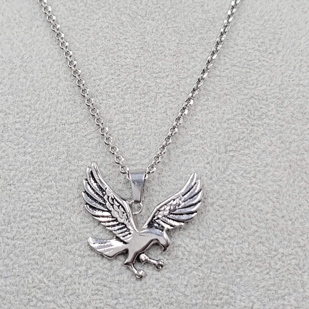 Mens Eagle Pendant Necklace Silver tone Rolo Chain 24 in