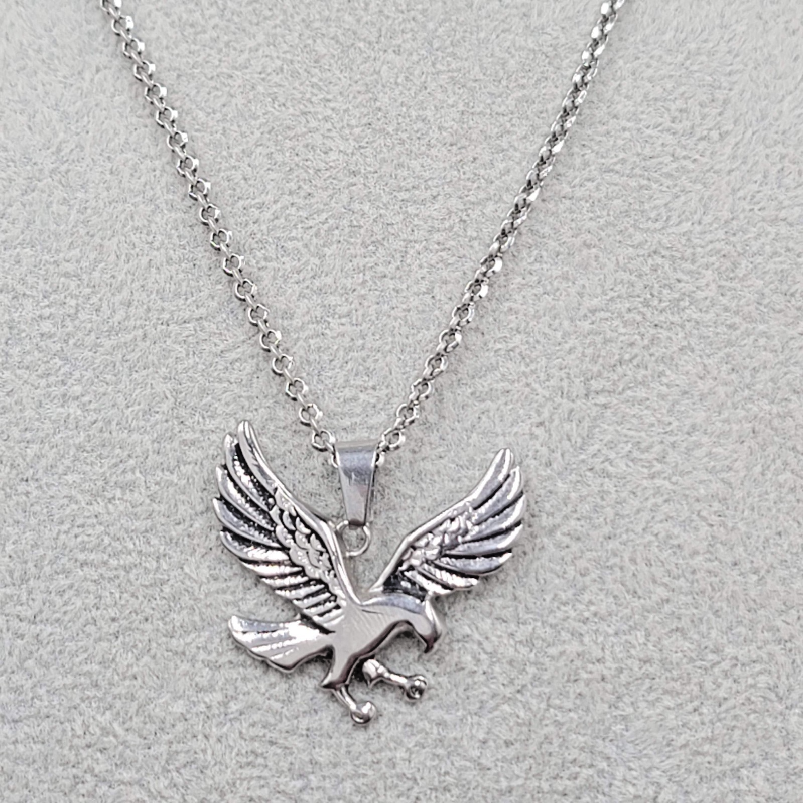 Mens Eagle Pendant Necklace Silver tone Rolo Chain 24 in