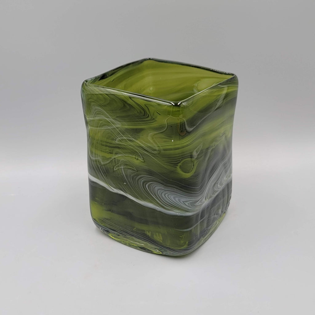 Green White Art Slag Glass Vase Rectangle Square 5 in x 4 in