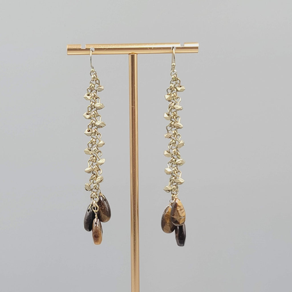 Long Tigers Eye Stone Bead Pierced Earrings Gold tone Dangle 3"