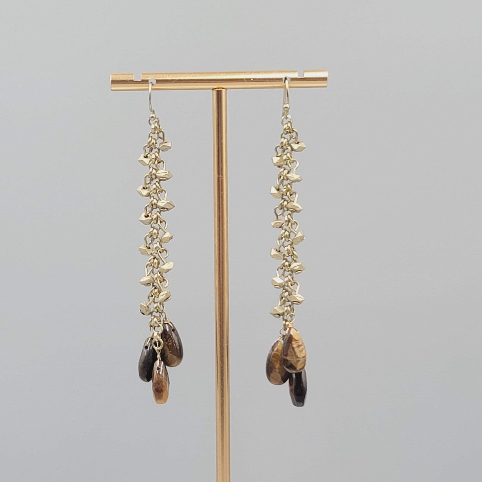 Long Tigers Eye Stone Bead Pierced Earrings Gold tone Dangle 3"
