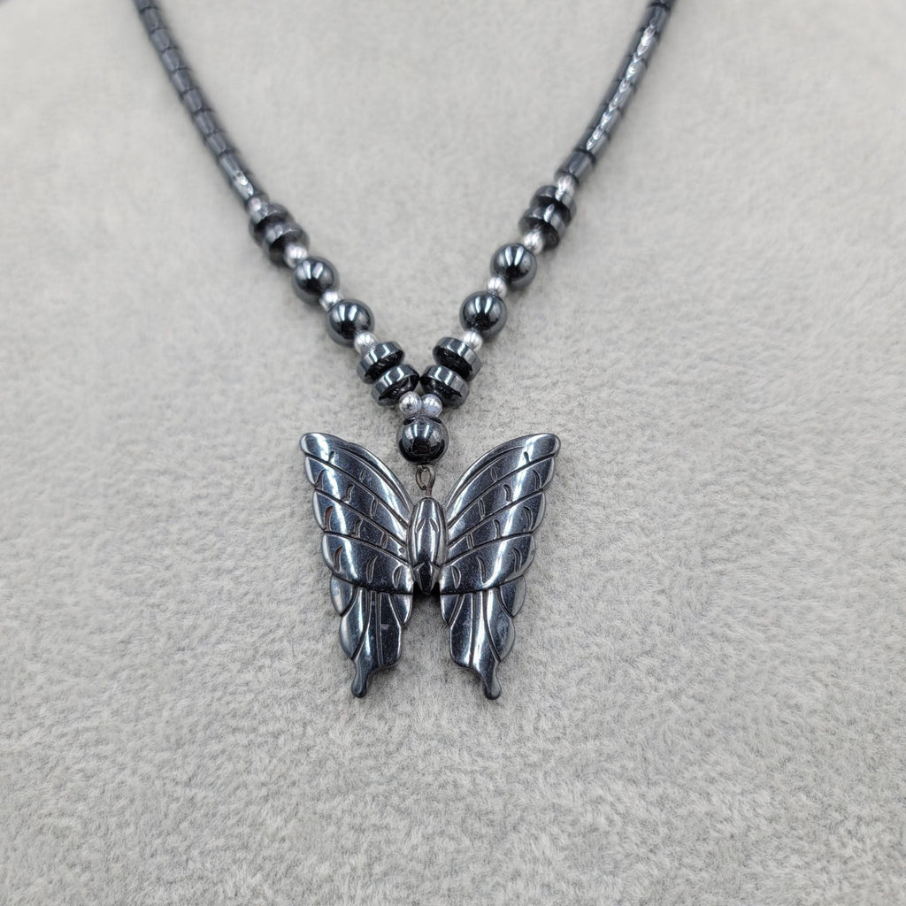 Vintage Butterfly Necklace Hematite Stone Beaded Pendant 18 in