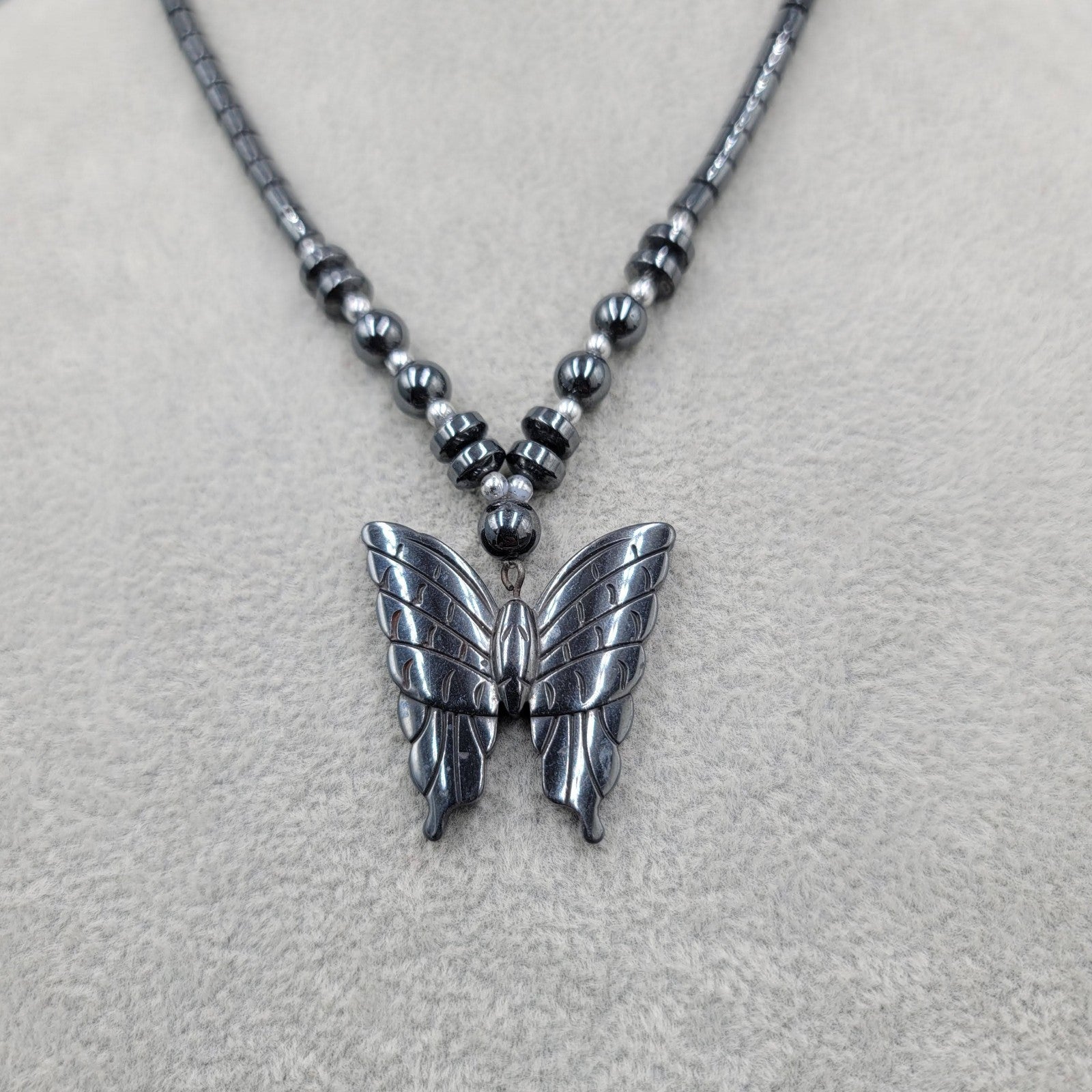 Vintage Butterfly Necklace Hematite Stone Beaded Pendant 18 in