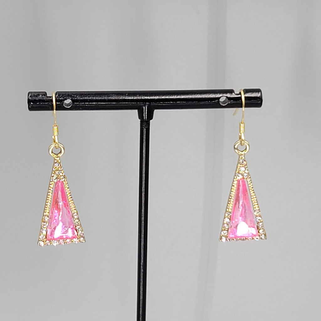 Triangle Pink Rhinestone Pierced Earrings Gold tone Dangle 7/8"