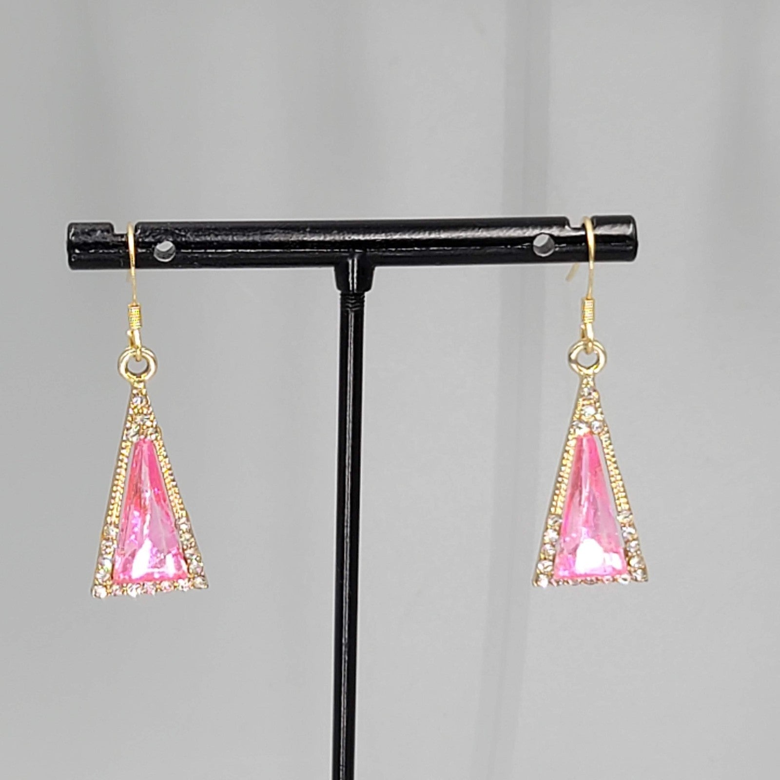 Triangle Pink Rhinestone Pierced Earrings Gold tone Dangle 7/8"