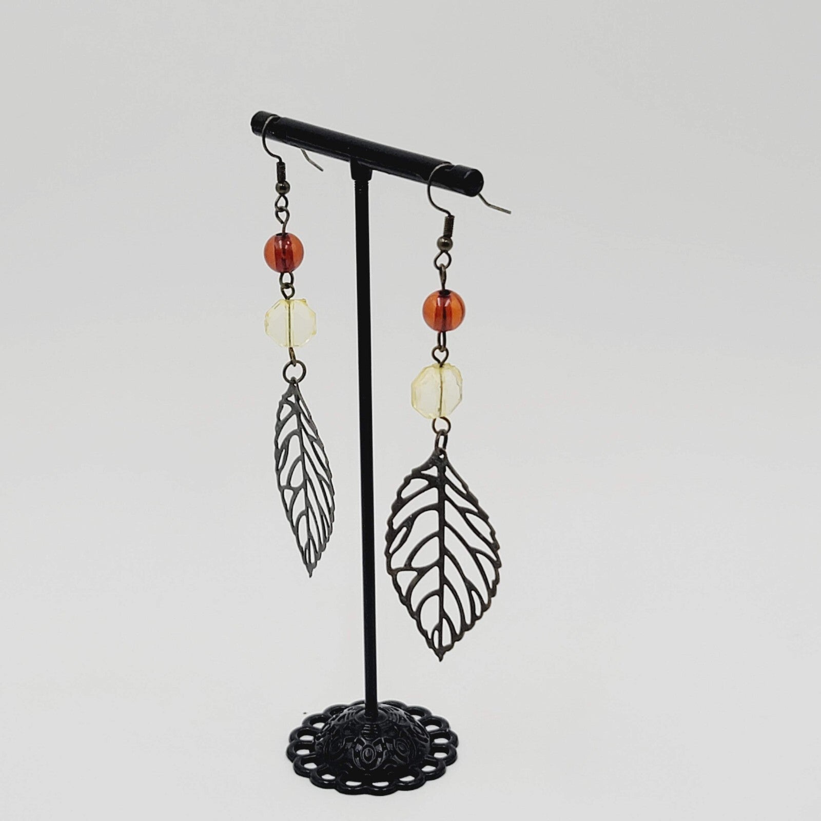 Long Pierced Earrings Beaded Open Work Leaf 3"