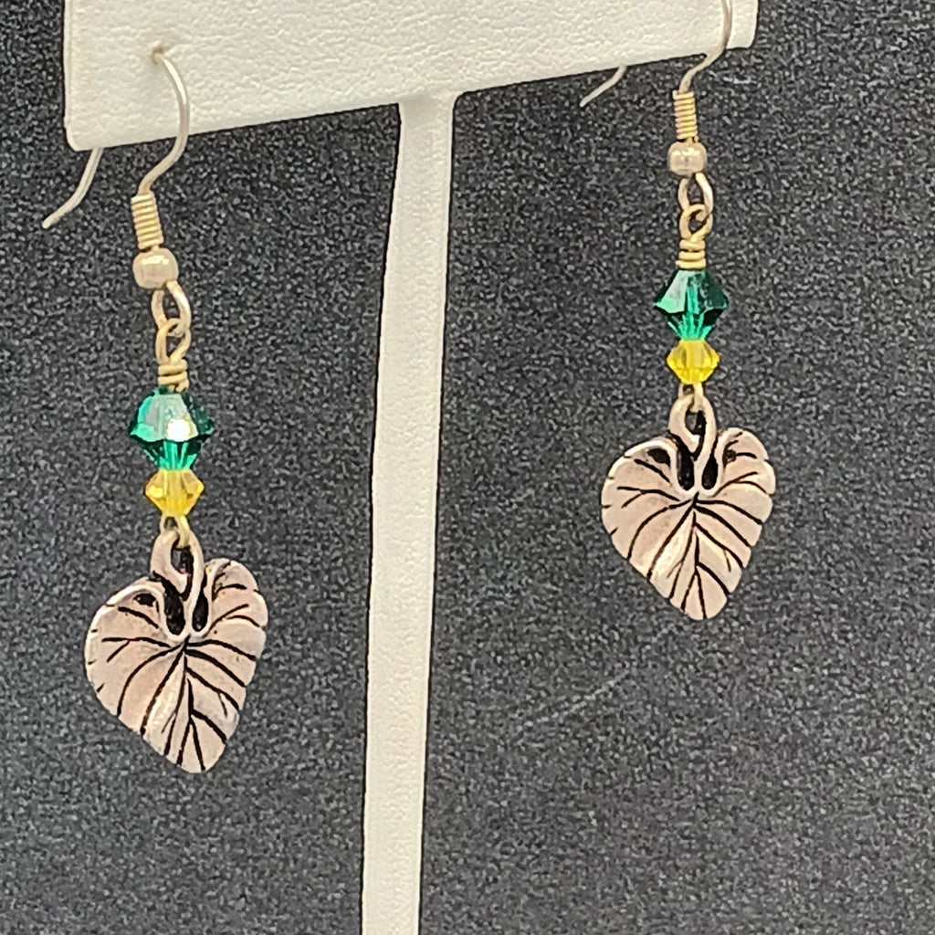 Pierced Earrings Silver tone Leaf Green Yellow Bead Dangle 1.25"