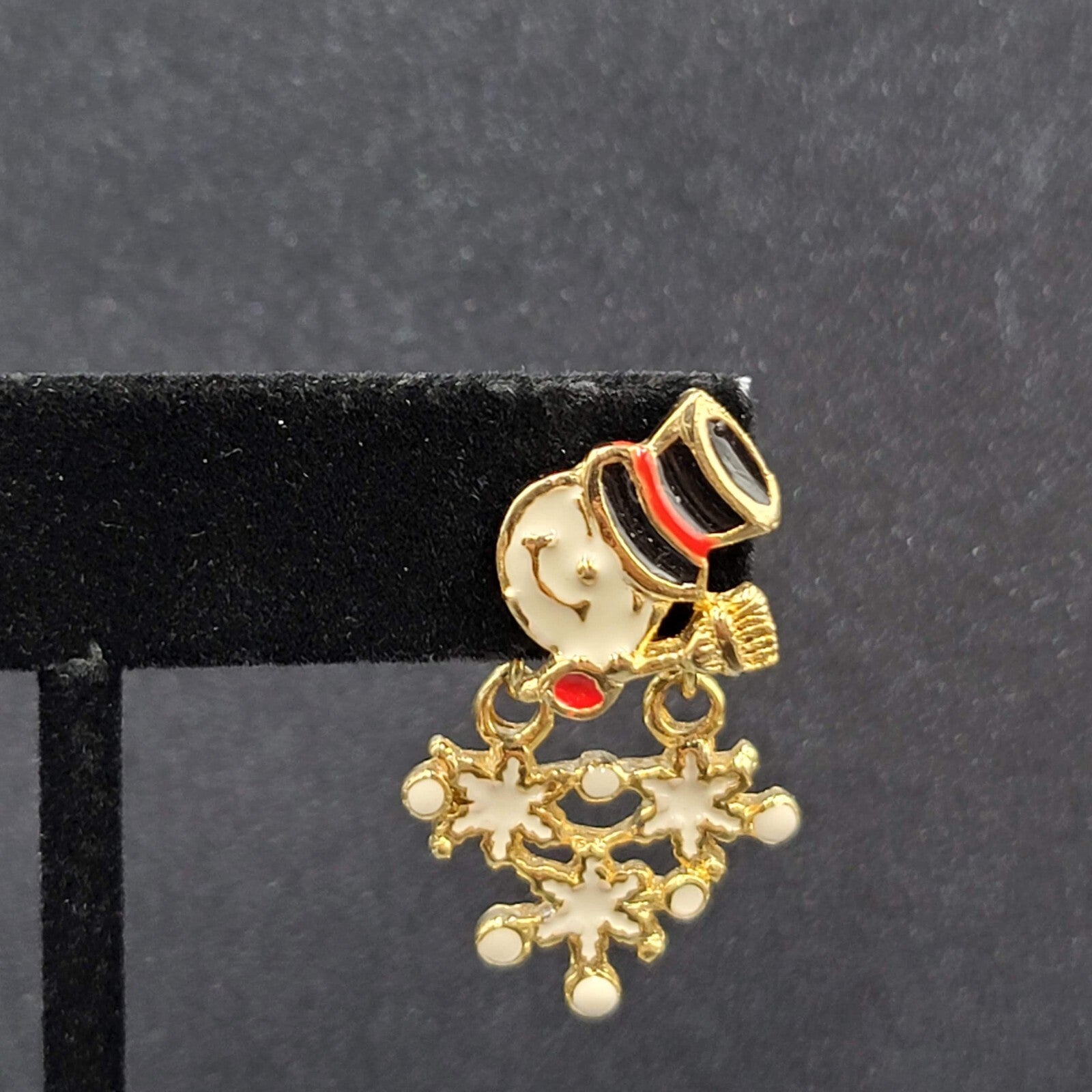 Snowman Pierced Earrings Gold tone Enamel Jacket Back Dangle 1.25"