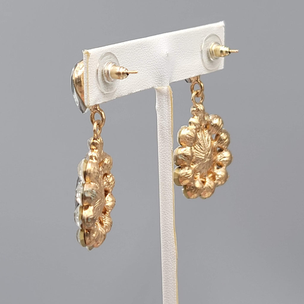 Gray Teardrop Glass Pierced Earrings Gold tone Dangle 2"
