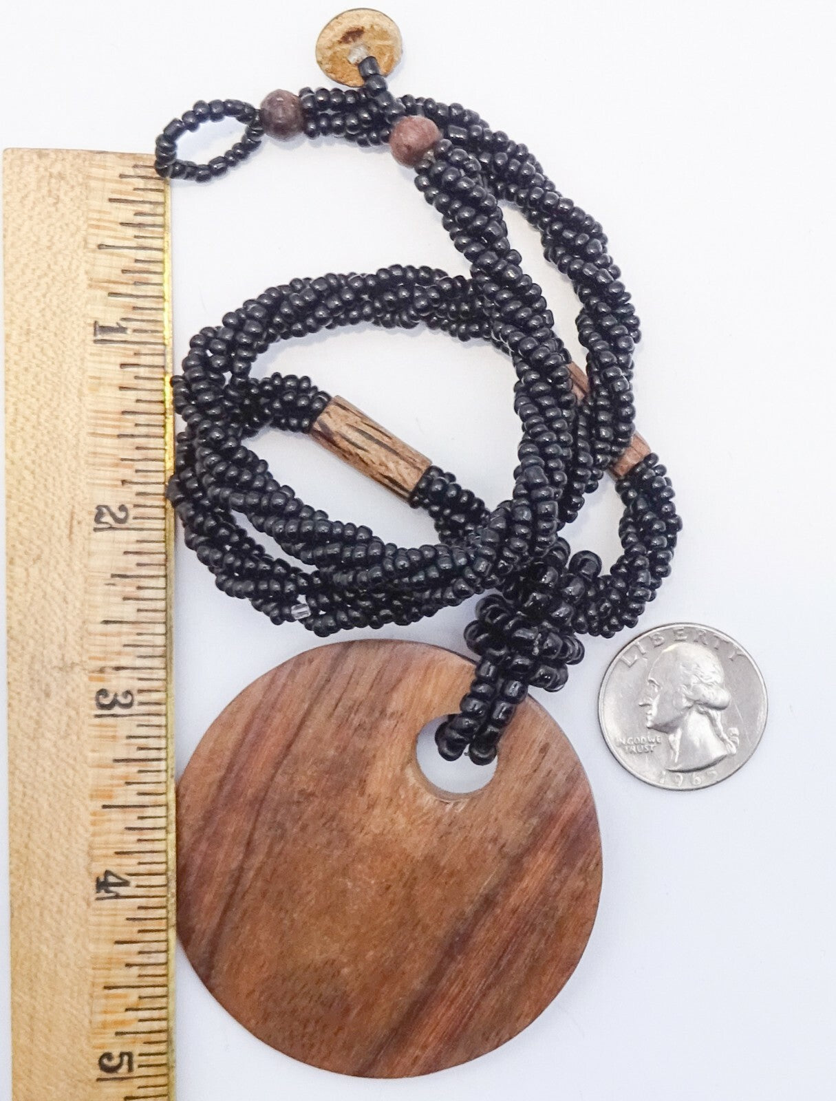 Vintage Multi-strand Statement Necklace Large Wood Pendant Boho Hippie 18"