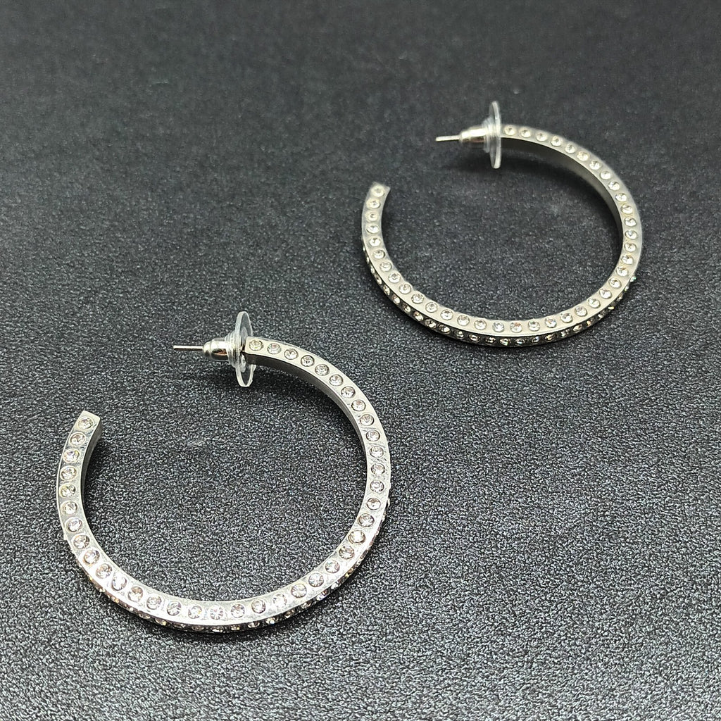Pierced Earrings Silver tone Rhinestone Studded Statement Hoop 1 5/8"