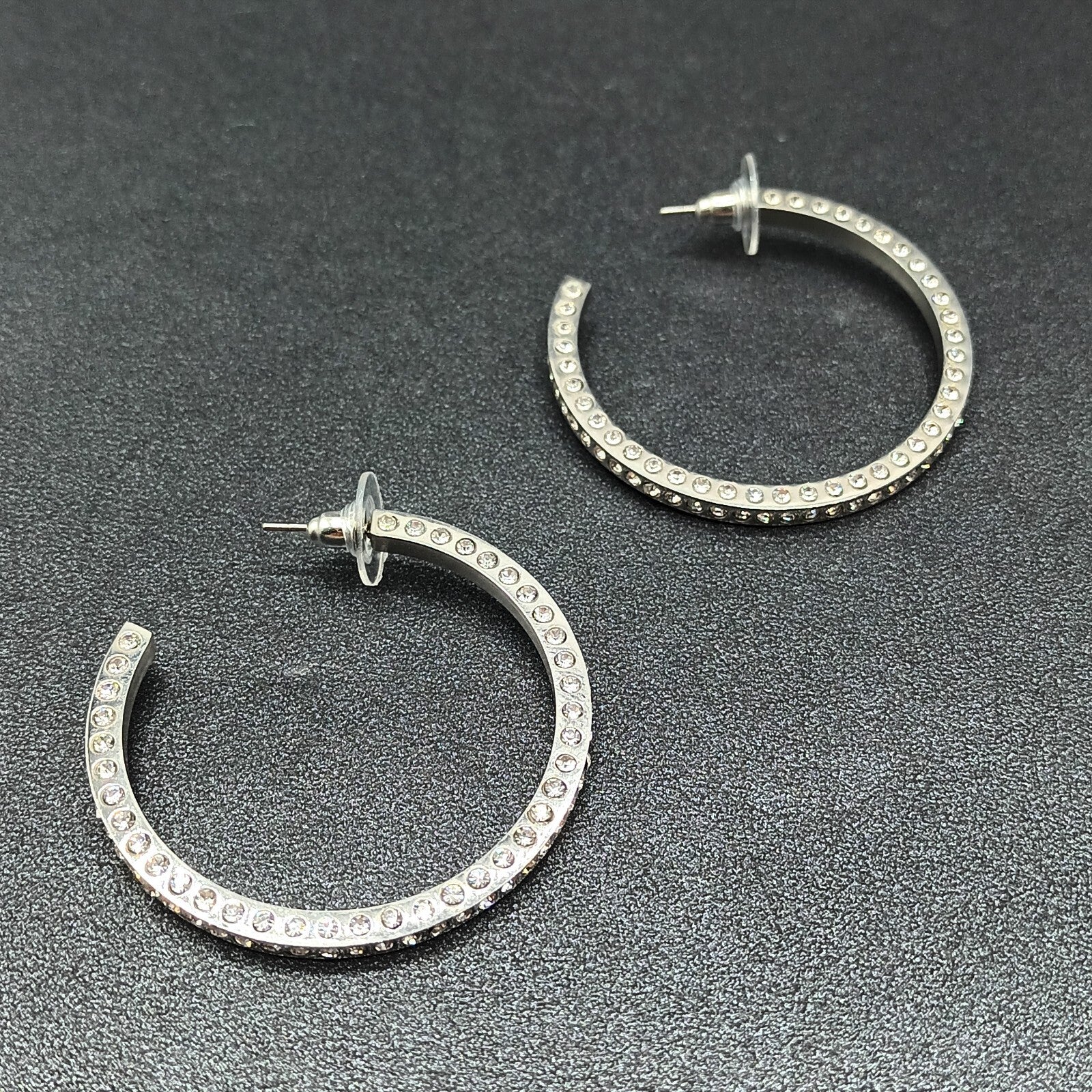 Pierced Earrings Silver tone Rhinestone Studded Statement Hoop 1 5/8"
