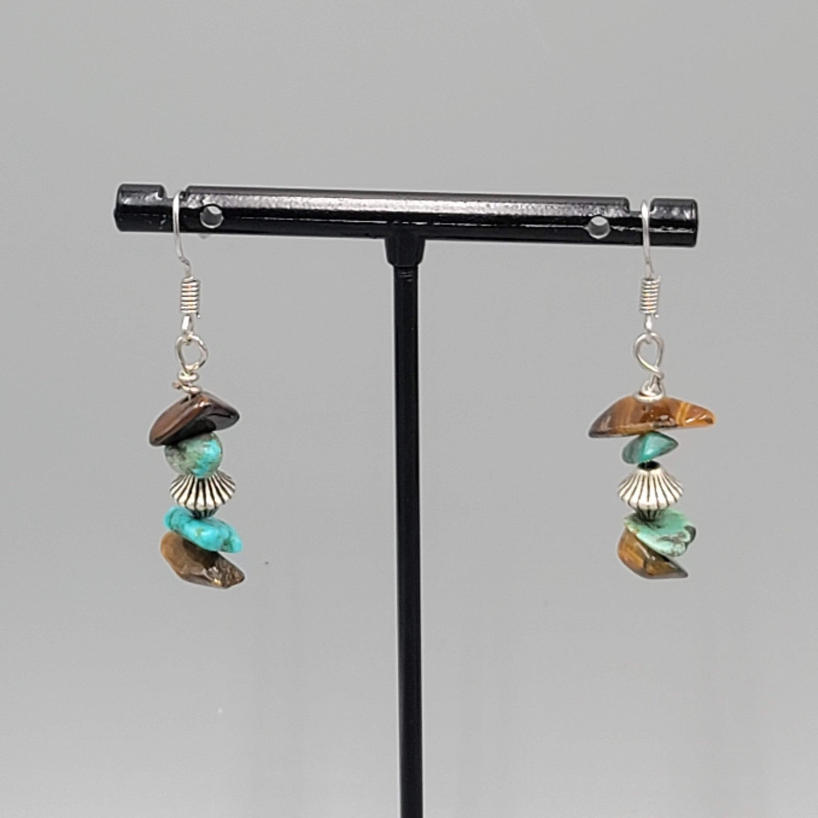 Turquoise and Tigers Eye Chip Beads Pierced Earrings Silver tone Dangle 1 1/8"