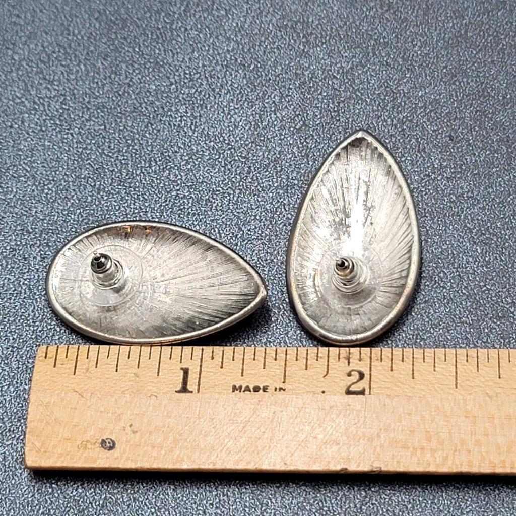 Vintage Pierced Earrings Silver tone Black Cream Enamel Drop 1 3/8"