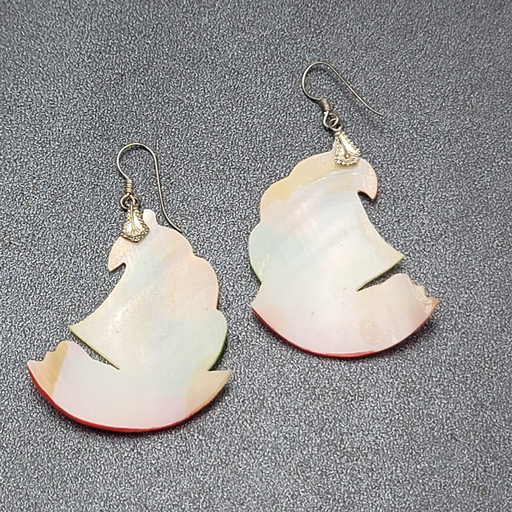 Vintage Sailboat Pierced Earrings Hand Painted Mother of Pearl Carved Shell 2"