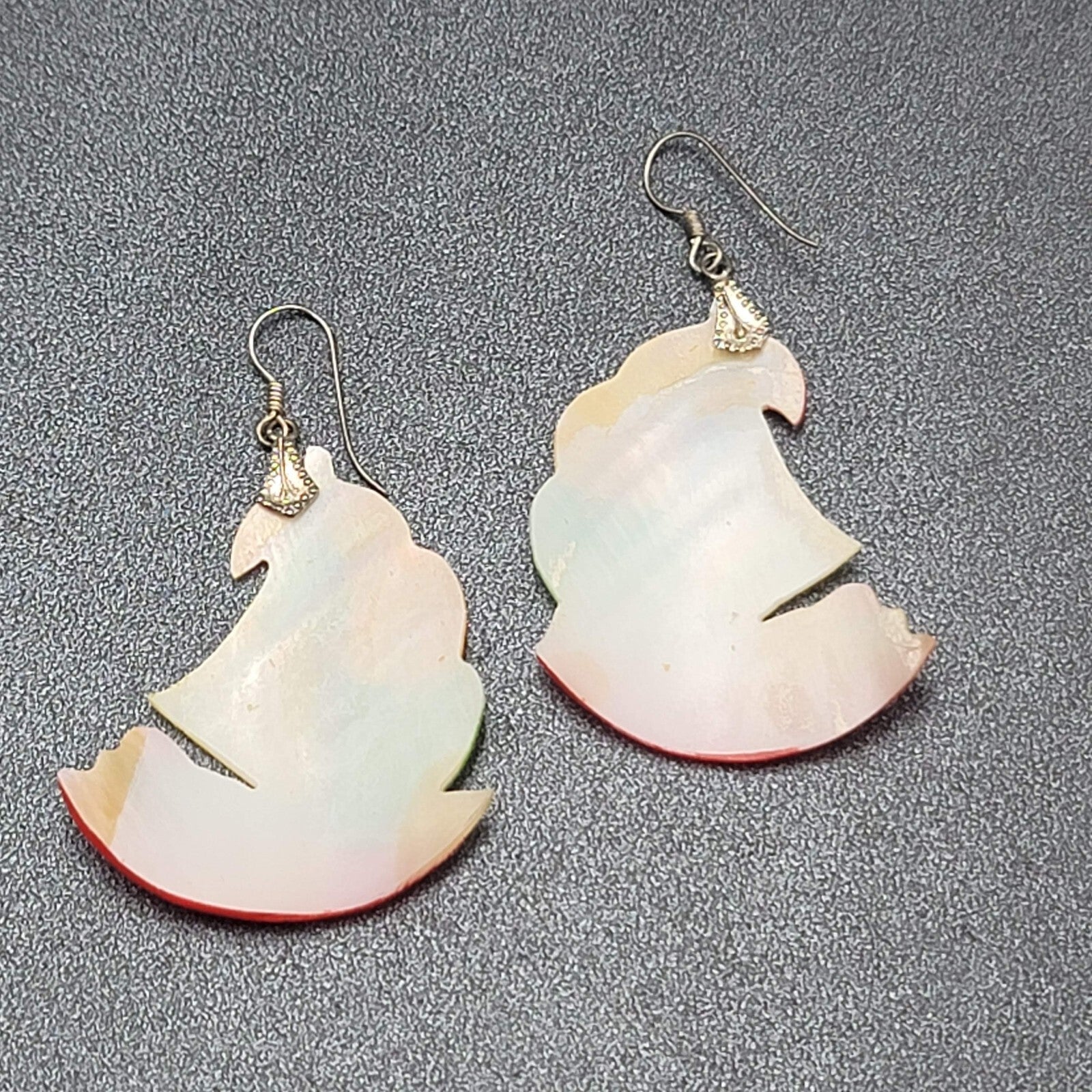 Vintage Sailboat Pierced Earrings Hand Painted Mother of Pearl Carved Shell 2"
