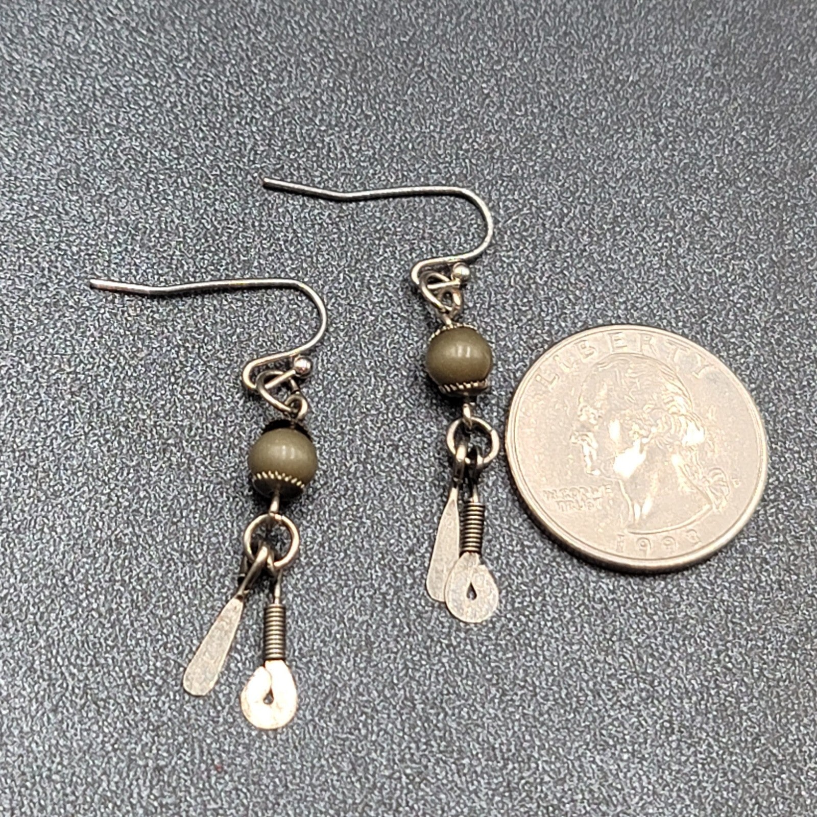 Boho Pierced Earrings Silver tone Artisan Green Bead Dangle 1.25"