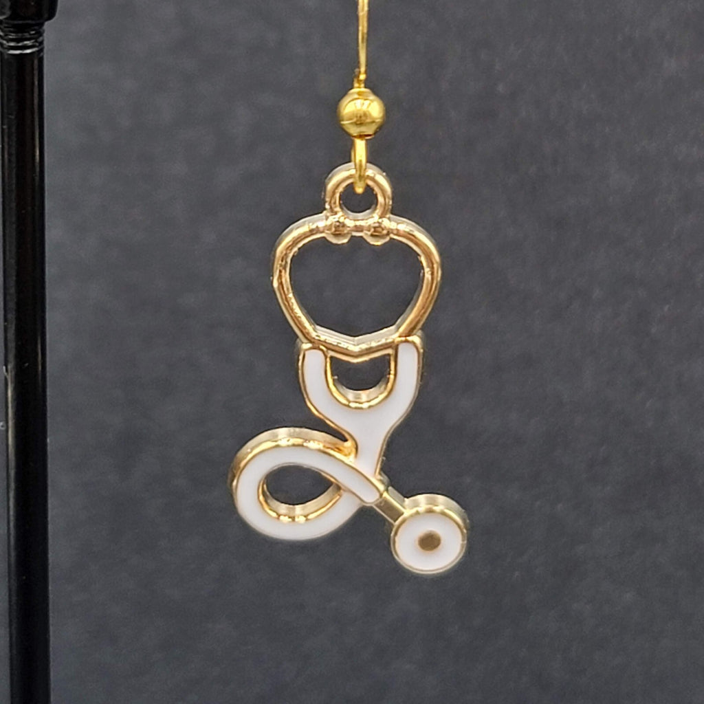 Nurse Pierced Earrings White Enamel Stethoscope Gold tone Dangle 1 1/8"
