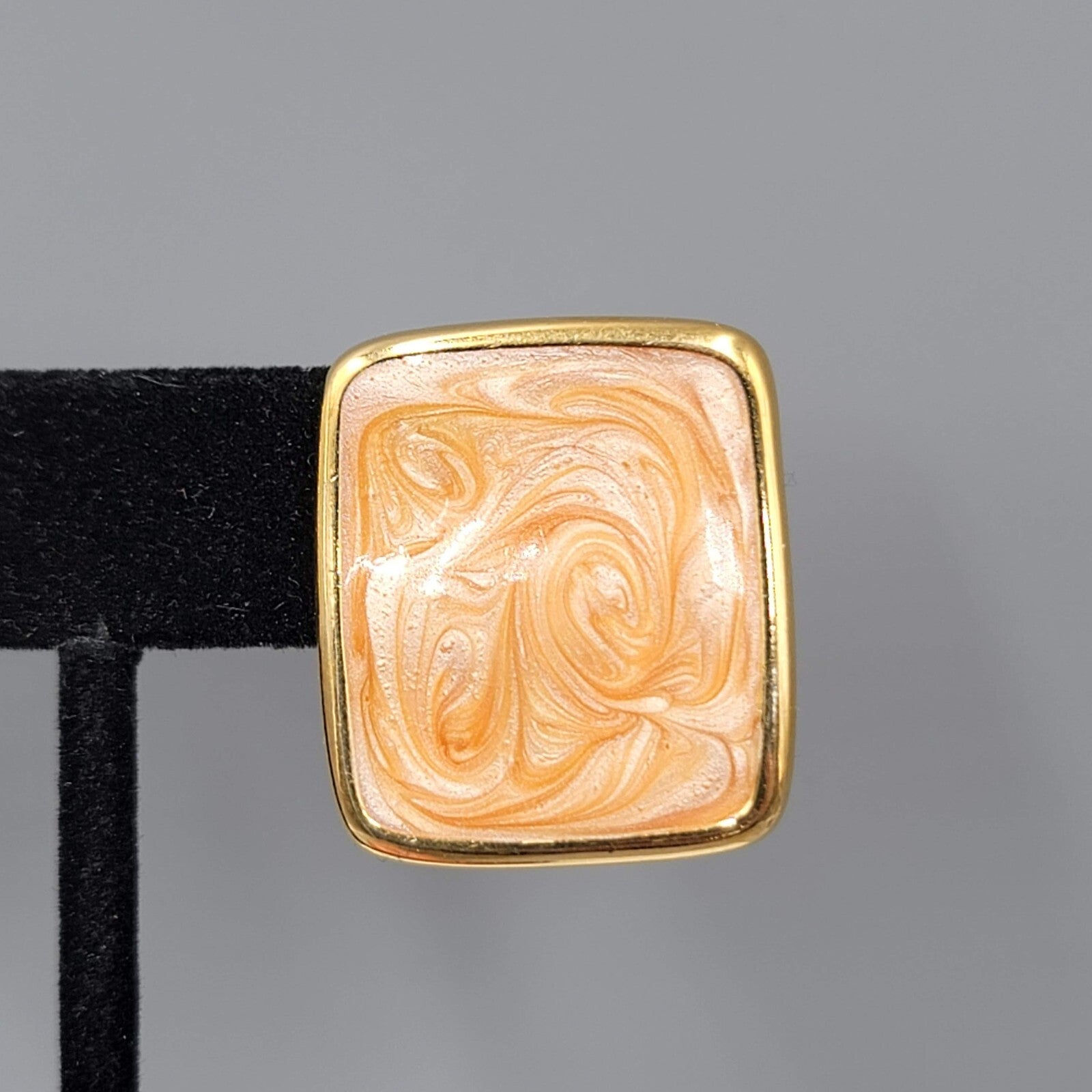Vintage Monet Clip on Earrings Gold plated Rectangle Peach Swirl Enamel Drop 1"