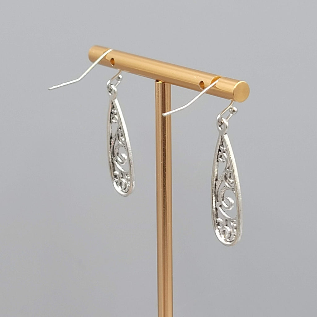 Open Filigree Long Teardrop Pierced Earrings Silver tone Dangle   1.25"