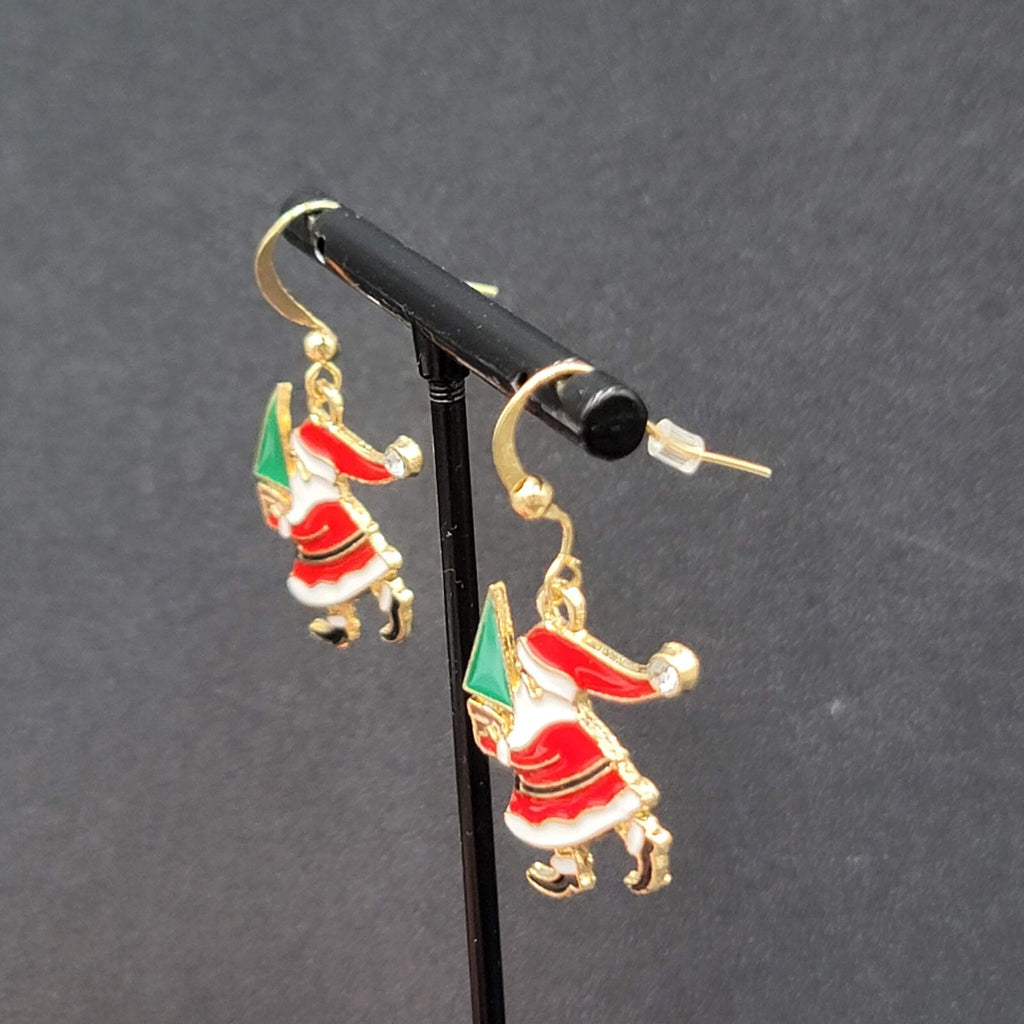 Christmas Pierced Earrings Santa Claus Gold tone Enamel Dangle 1"