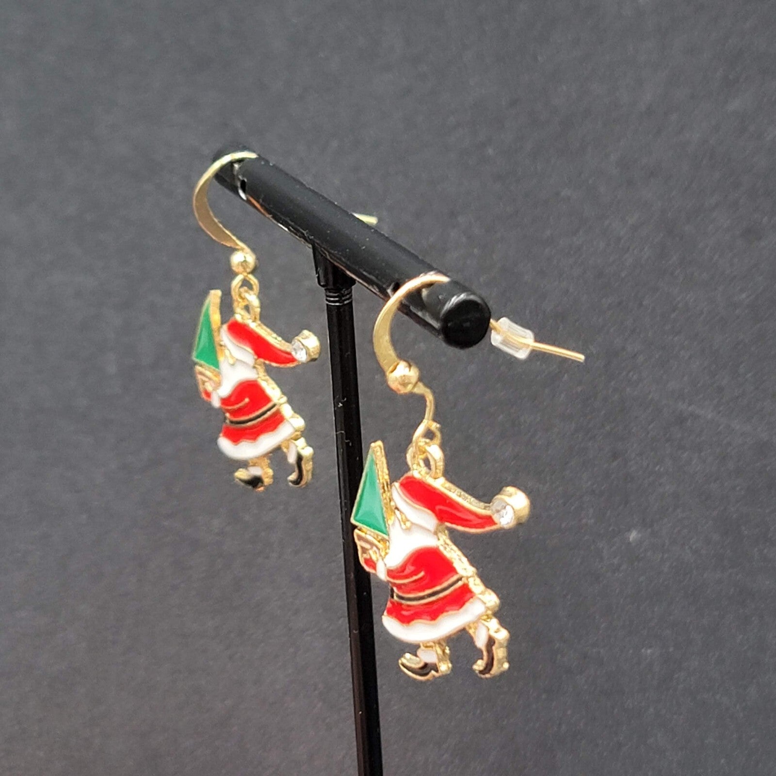 Christmas Pierced Earrings Santa Claus Gold tone Enamel Dangle 1"