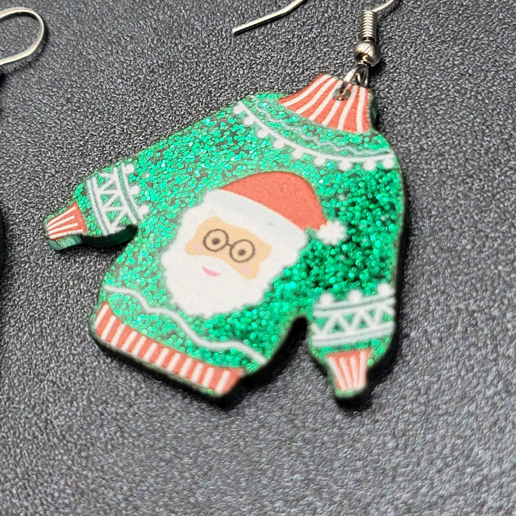 New Pierced Earrings Ugly Christmas Sweater Green Santa Claus Dangle 1.5"