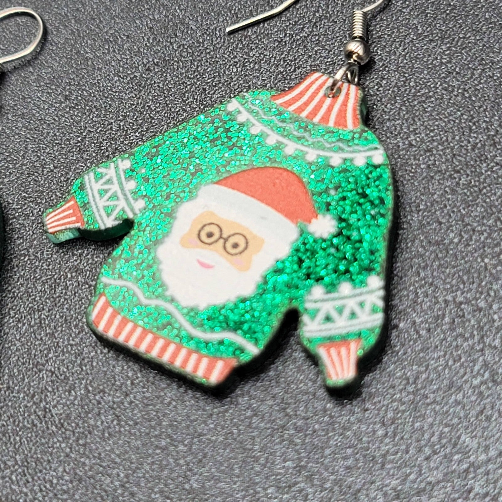 New Pierced Earrings Ugly Christmas Sweater Green Santa Claus Dangle 1.5"
