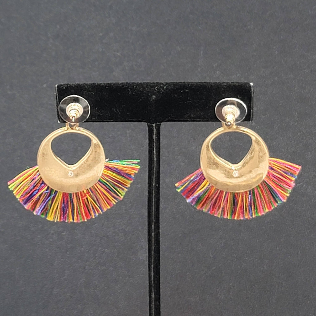 Pierced Earrings Gold tone Multicolor Tassel Boho 1.75"