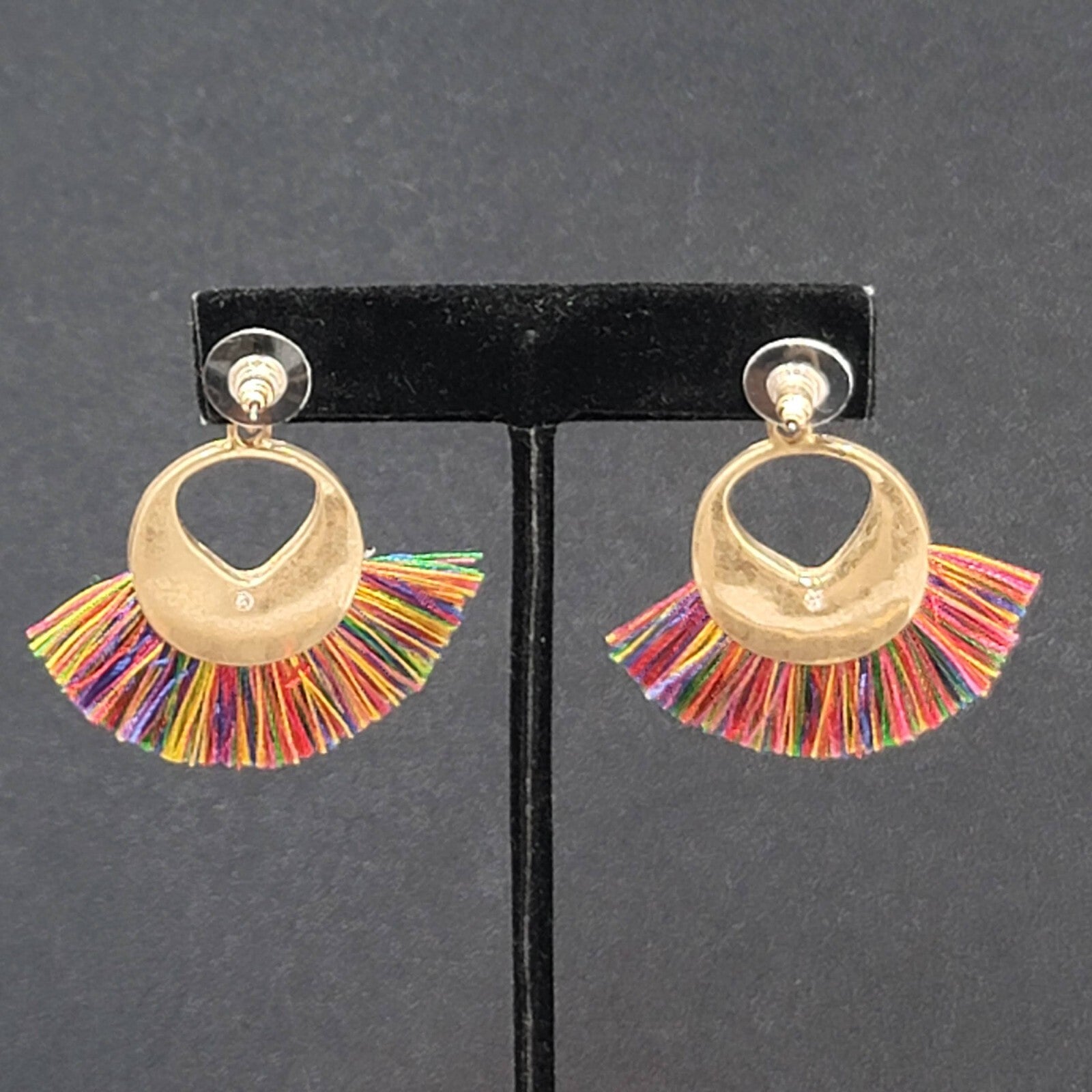 Pierced Earrings Gold tone Multicolor Tassel Boho 1.75"