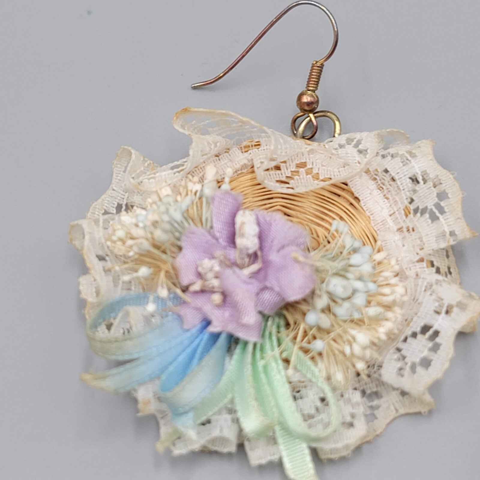 Vintage Wicker Bonnet Pierced Earrings Dangle 1980s 2"