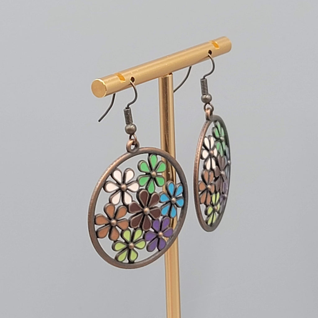 Multicolor Enamel Flower Pierced Earrings Round Bronze tone Dangle 1 3/8"