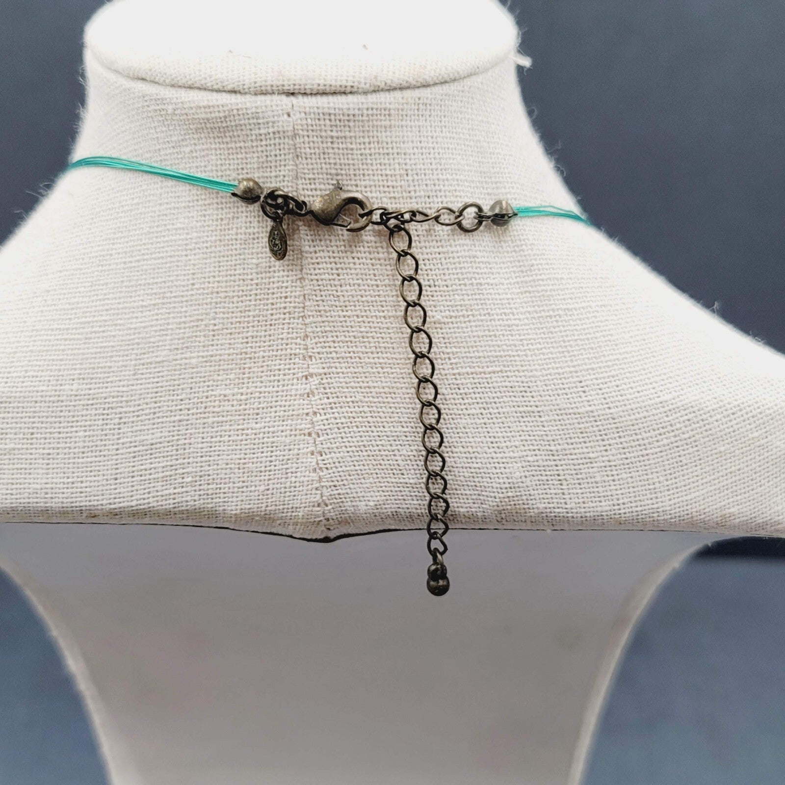 Premier Designs Necklace Green Pottery Beads Blue Thread 18"-21"