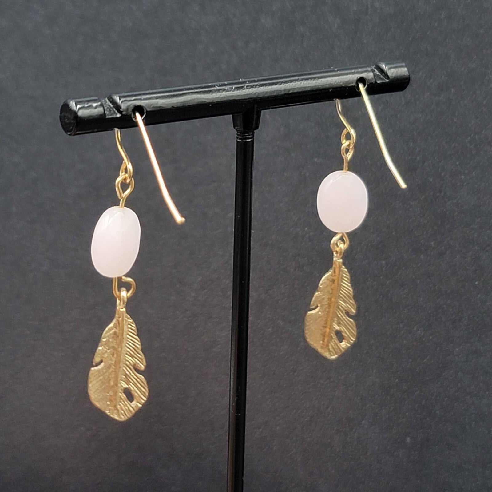 Pierced Earrings Gold tone Pink Quartz Metal Feather Dangle 1 3/8"