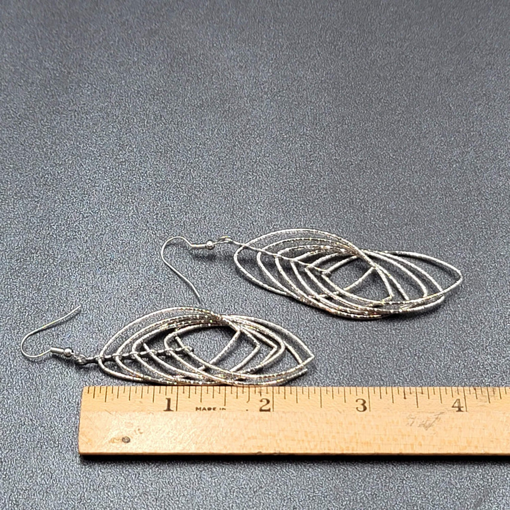 Pierced Earrings Silver tone Textured Concentric Hoops Dangle Statement 2.75"