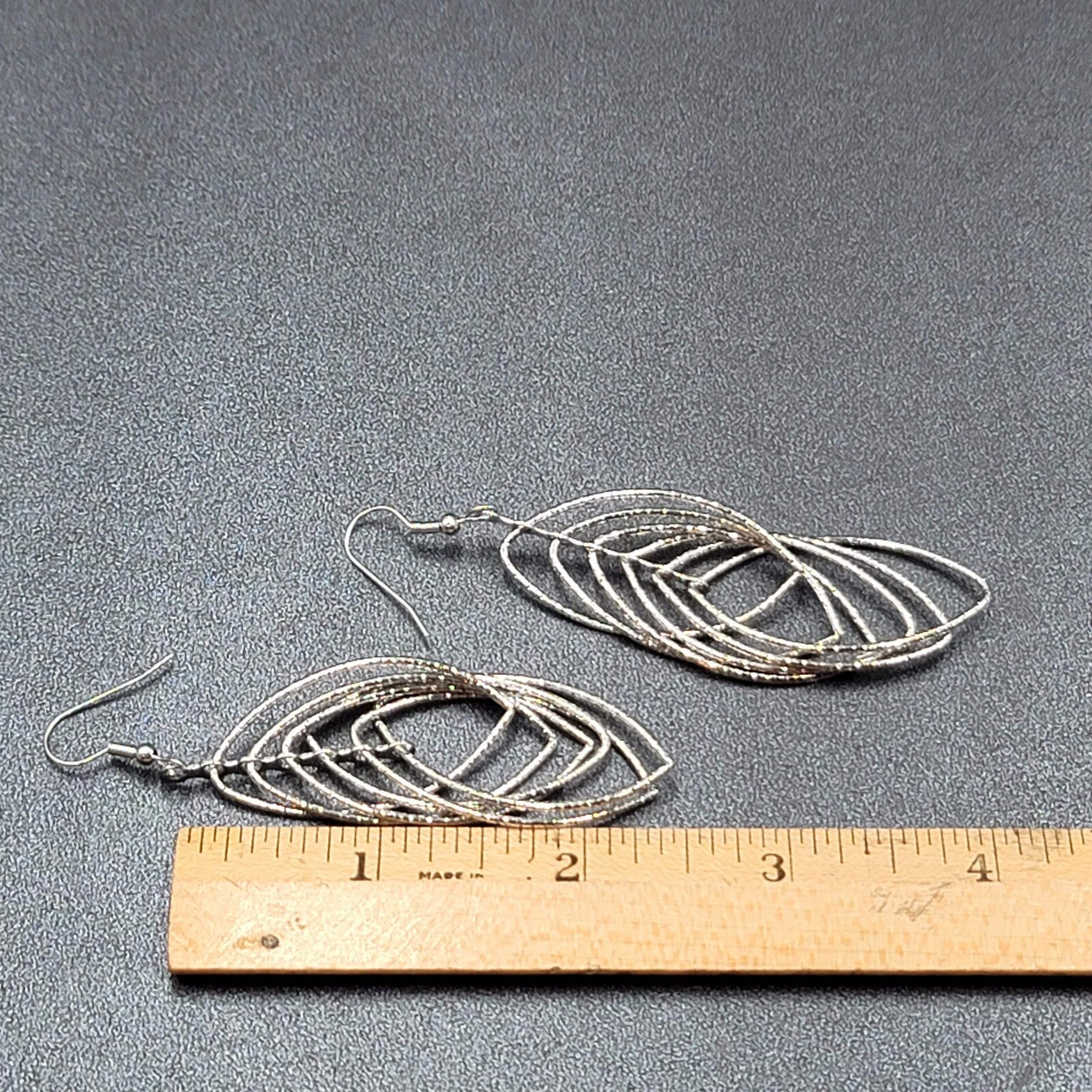 Pierced Earrings Silver tone Textured Concentric Hoops Dangle Statement 2.75"