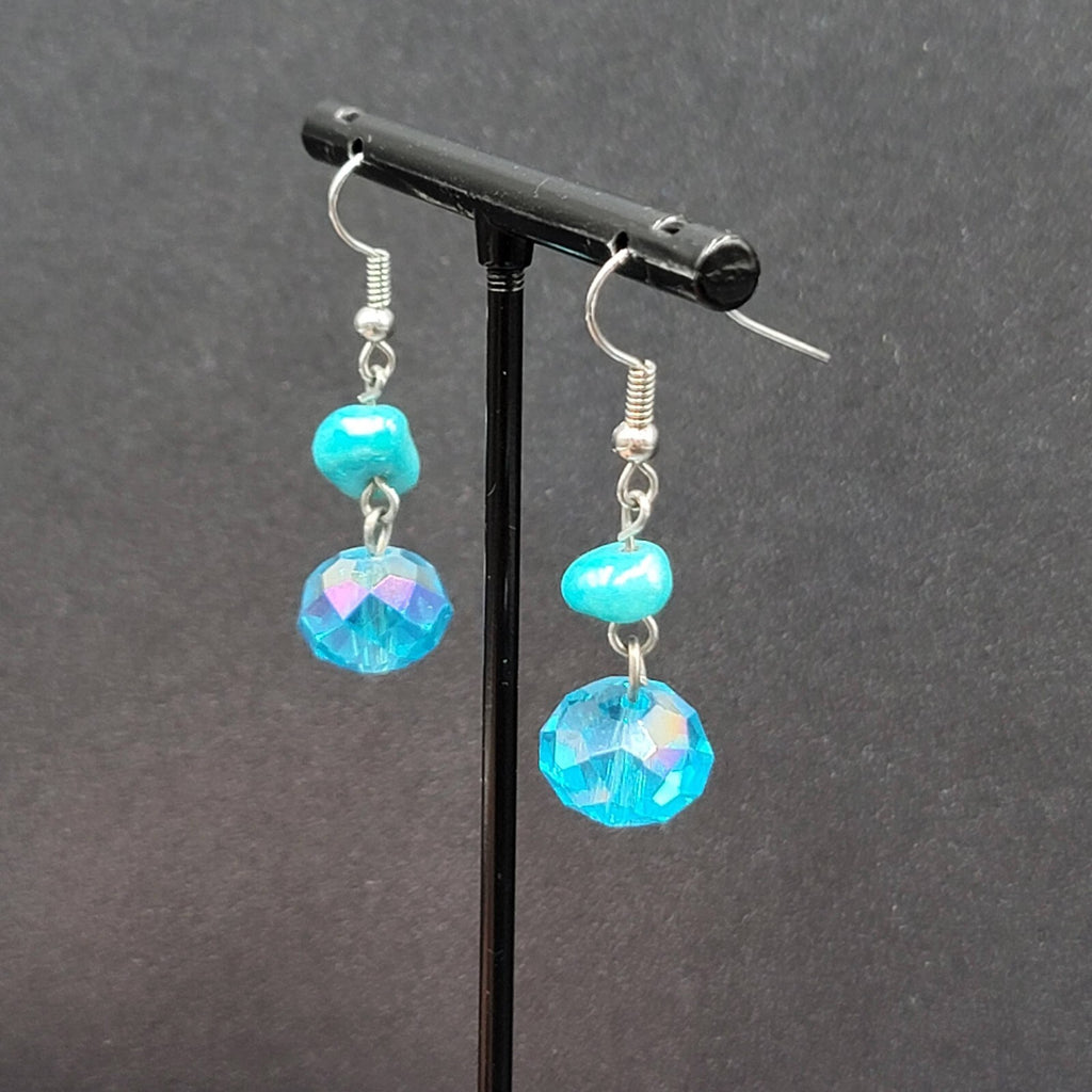 Pierced Earrings Silver tone Turquoise Stone Blue Crystal Bead Dangle 7/8"
