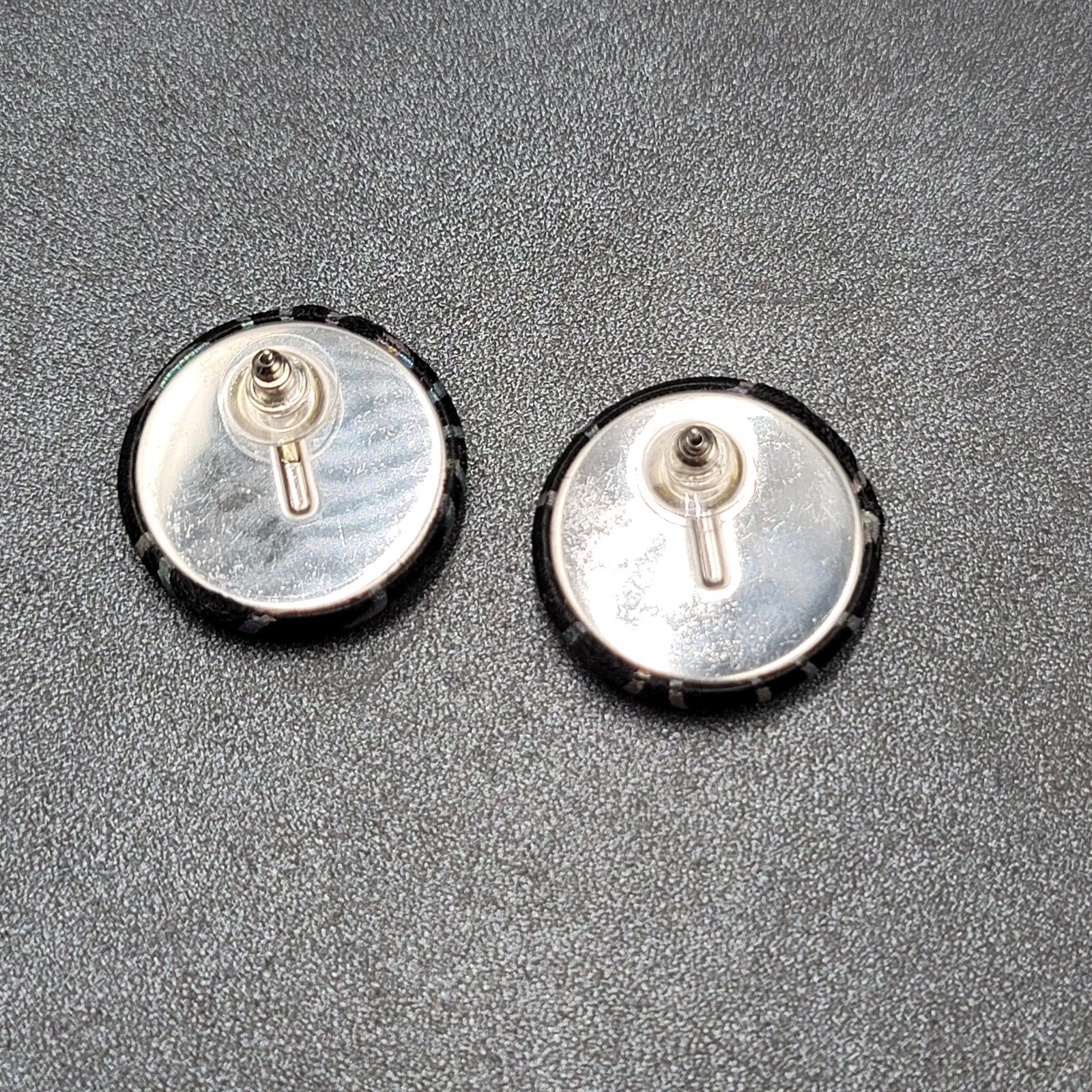 Vintage Pierced Earrings Black Satin Multicolor Lines Statement Round 80s 1"