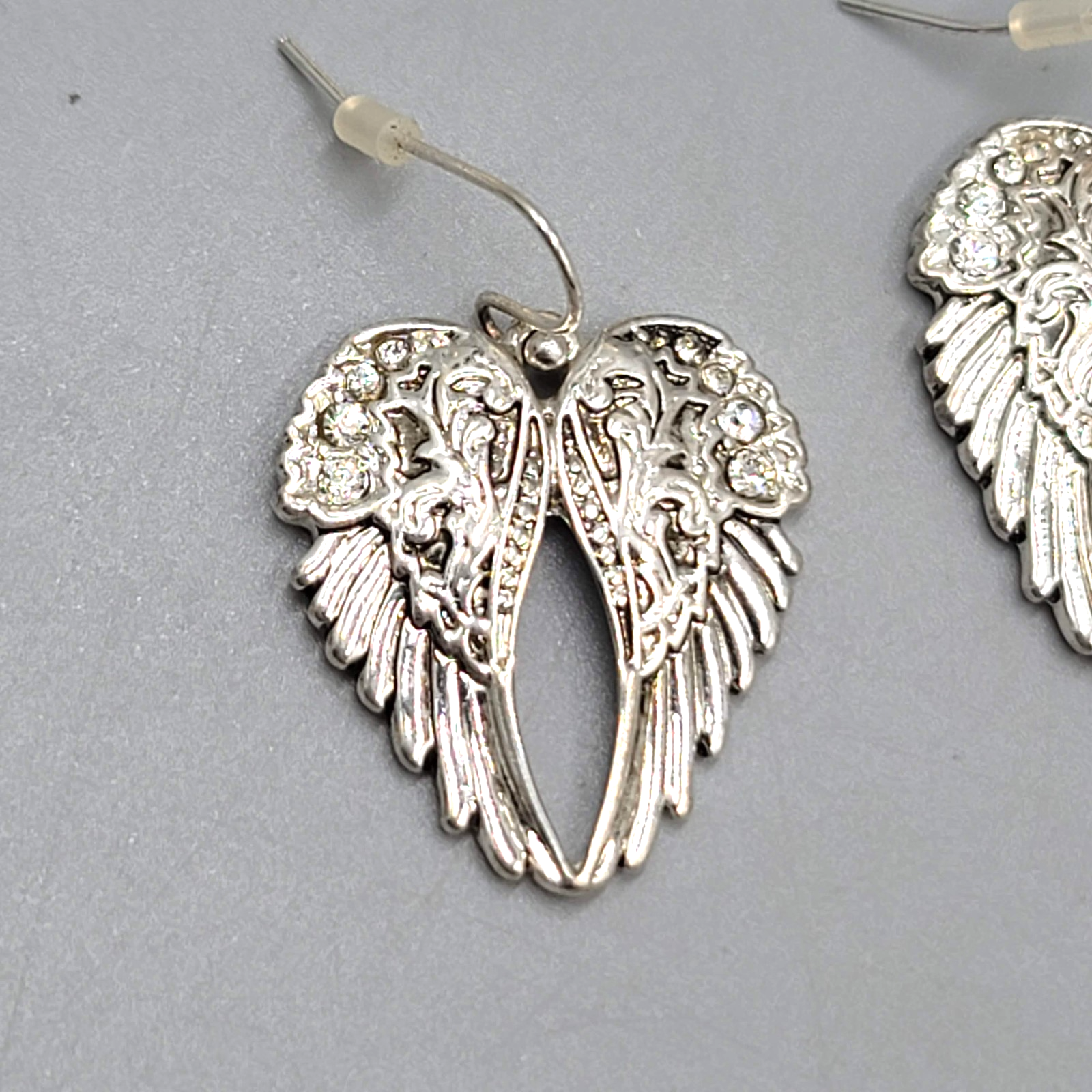 Crystal Angel Wings Pierced Earrings Silver tone Dangle 1"