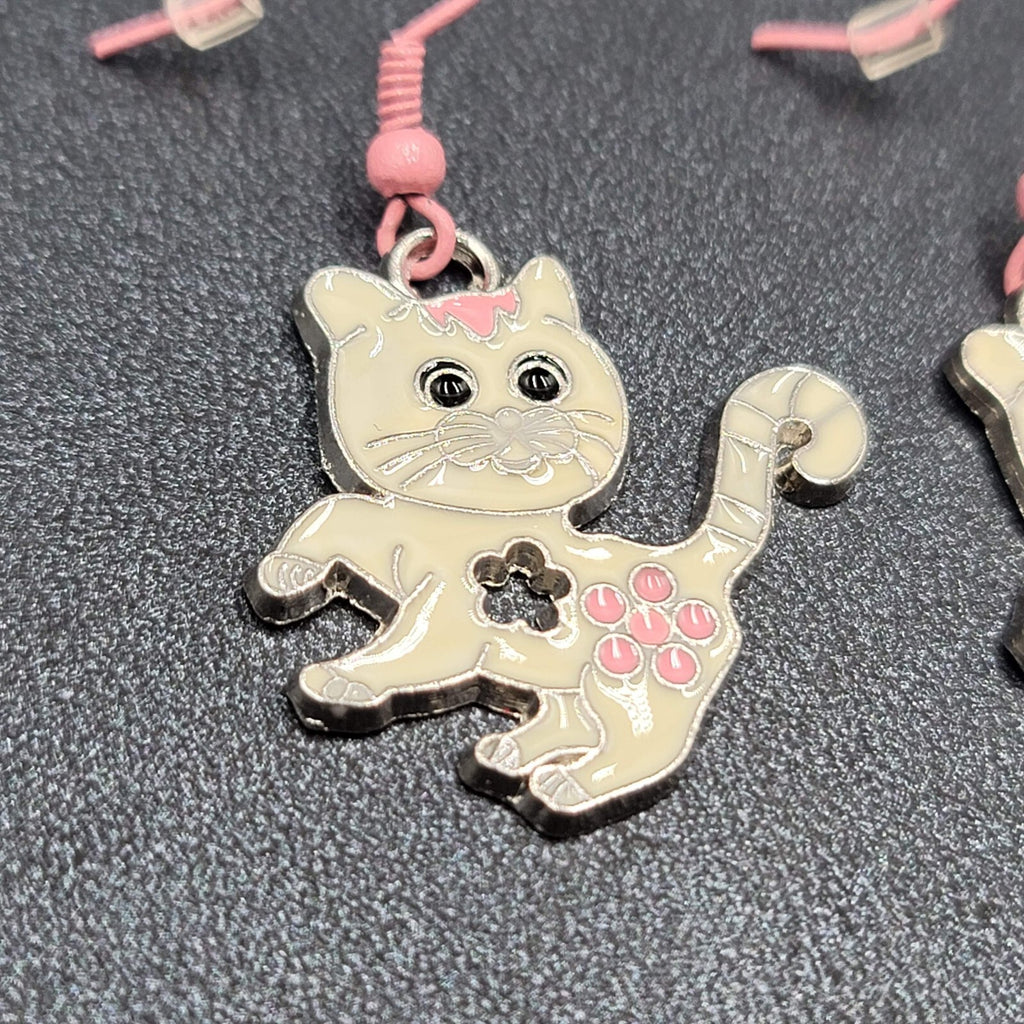 Pierced Earrings Pink White Enamel Kitty Cat Dangle Silver tone  1 1/8"