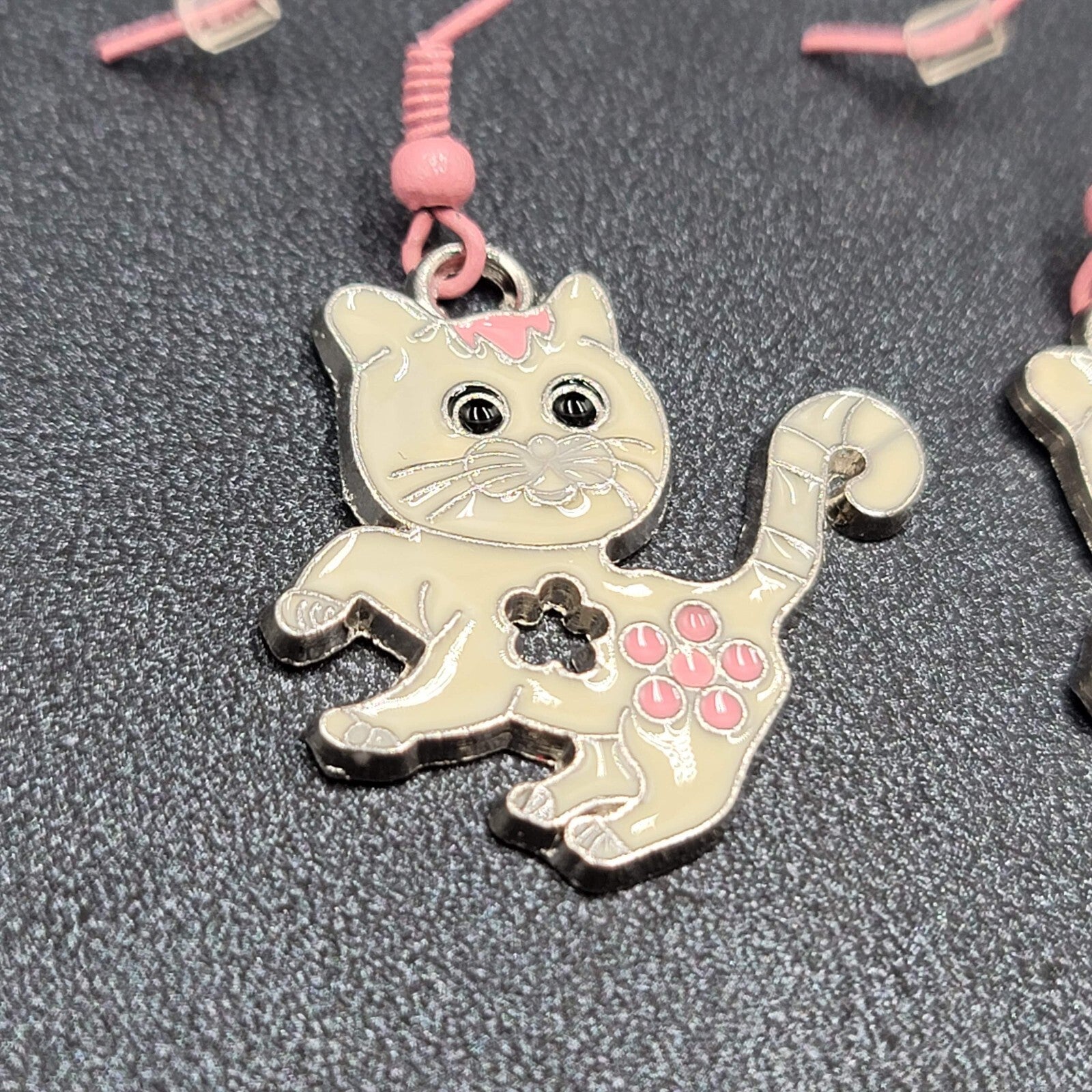 Pierced Earrings Pink White Enamel Kitty Cat Dangle Silver tone  1 1/8"